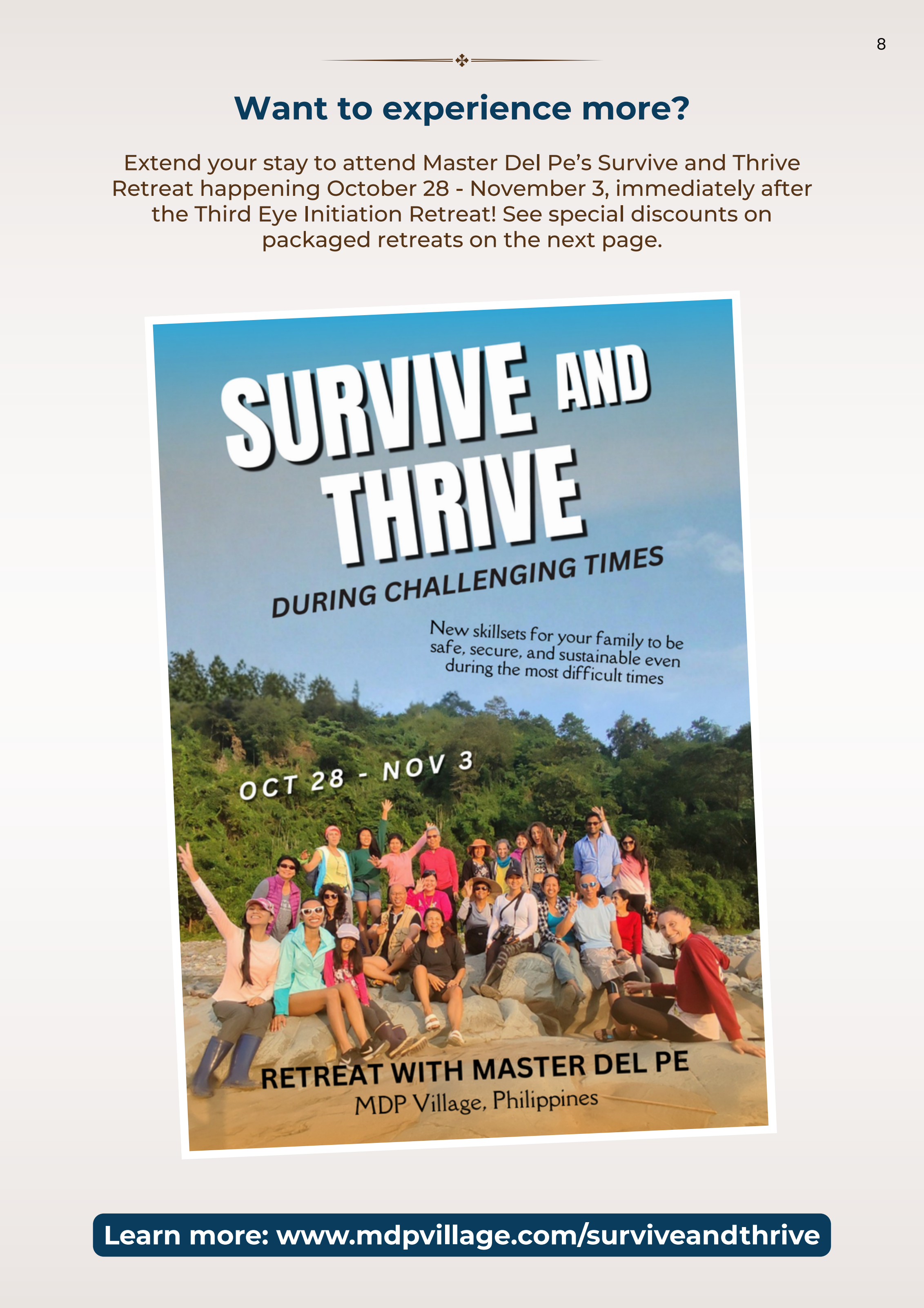 Survive and Thrive Retreat poster — October 28 to November 3, 2026, MDP Village, Philippines